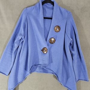 Haiku Cotton Sweater Falling Off Style Wood Button One Size Artsy Blue Lagenlook